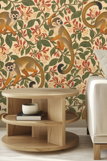 Bedroom wall mural of Honeysuckle Monkey Curls wallpaper with three monkeys and honeysuckle vines in warm earth tones behind a bed and win