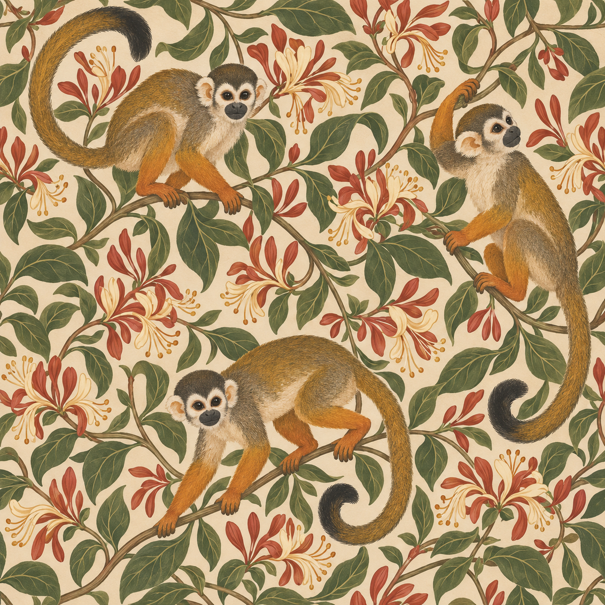Overall pattern composition showing balanced monkeys and floral elements on a neutral background