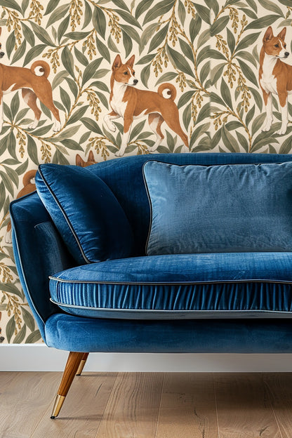 Living room featuring Ivory Willow Hounds wallpaper with orange sofa and boho style decor