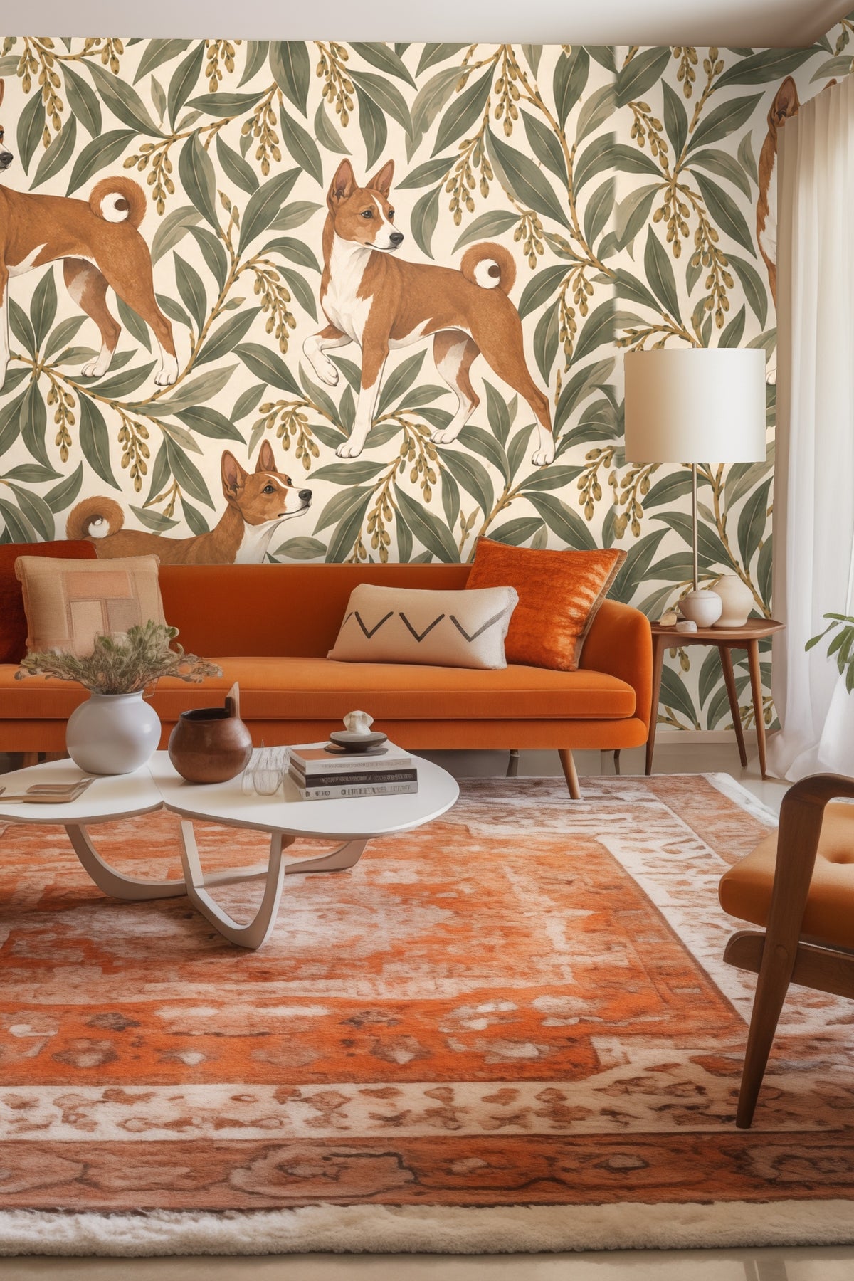 Close-up of Ivory Willow Hounds wallpaper showing rust-colored Basenji dogs among willow leaves on an ivory background