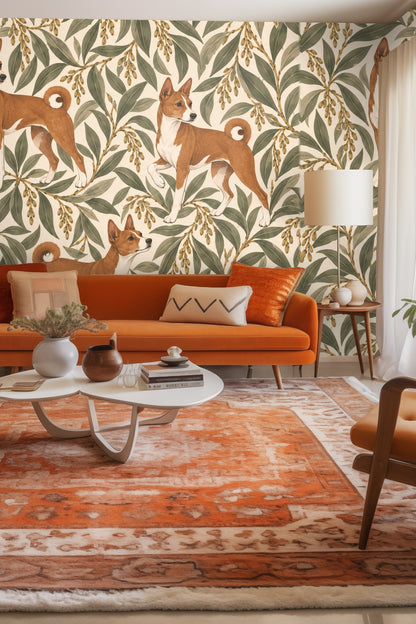 Close-up of Ivory Willow Hounds wallpaper showing rust-colored Basenji dogs among willow leaves on an ivory background