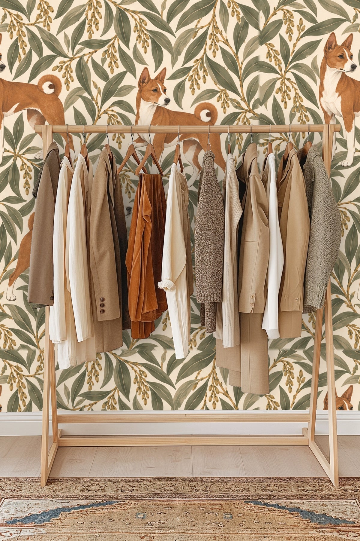 Living space with warm orange accents complemented by detailed botanical and animal wallpaper