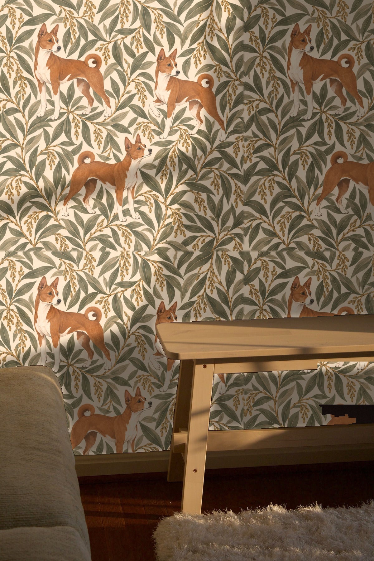Textured carpet and low coffee table placed in front of vivid botanical canine wallpaper