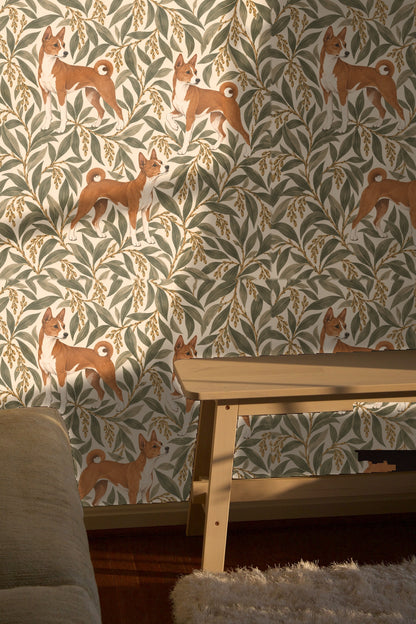 Textured carpet and low coffee table placed in front of vivid botanical canine wallpaper