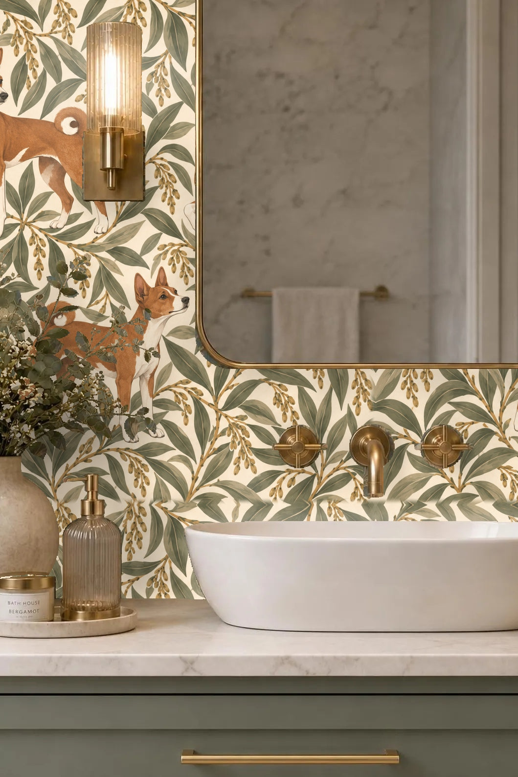 Pattern repeat featuring three rust and white Basenji dogs evenly spaced among soft green leaves