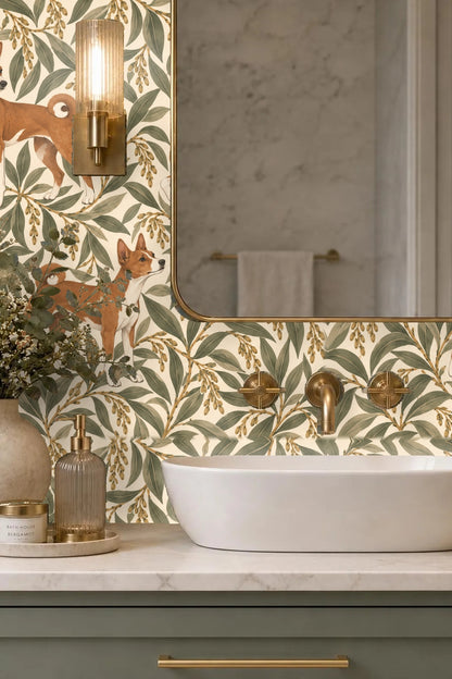 Pattern repeat featuring three rust and white Basenji dogs evenly spaced among soft green leaves