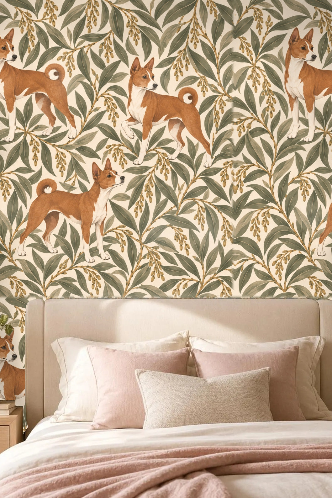 Zoom on curled Basenji tails forming rhythmic motif within wallpaper pattern