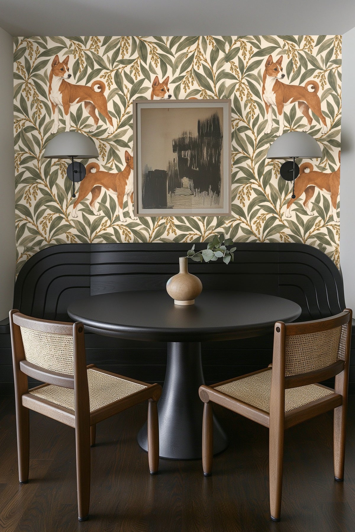 Shelf vignette against wallpaper combining naturalistic plants with stylized Basenji figures