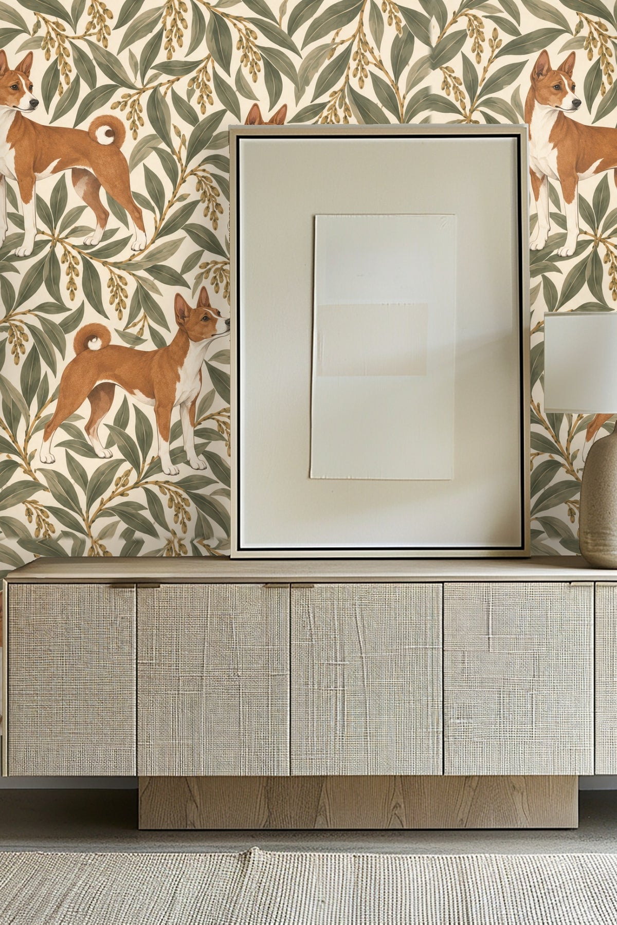 Contemporary room with Ivory Willow Hounds wallpaper and plush blue velvet sofa, showcasing scale and atmosphere