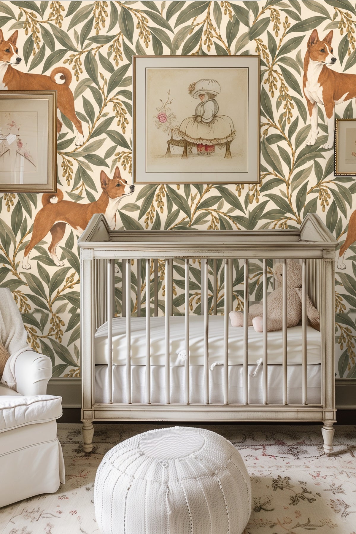 Velvet blue sofa with Ivory Willow Hounds wallpaper backdrop highlighting midcentury modern vibes
