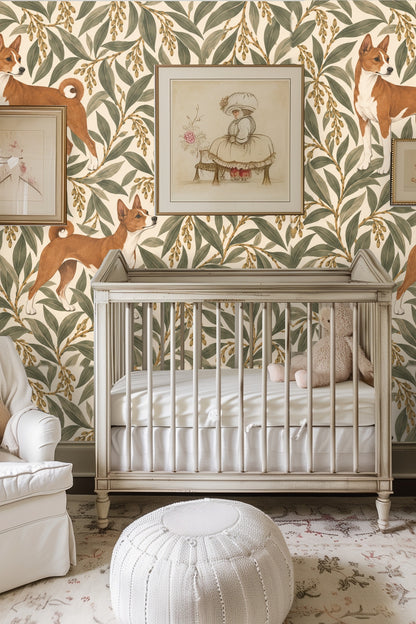 Velvet blue sofa with Ivory Willow Hounds wallpaper backdrop highlighting midcentury modern vibes