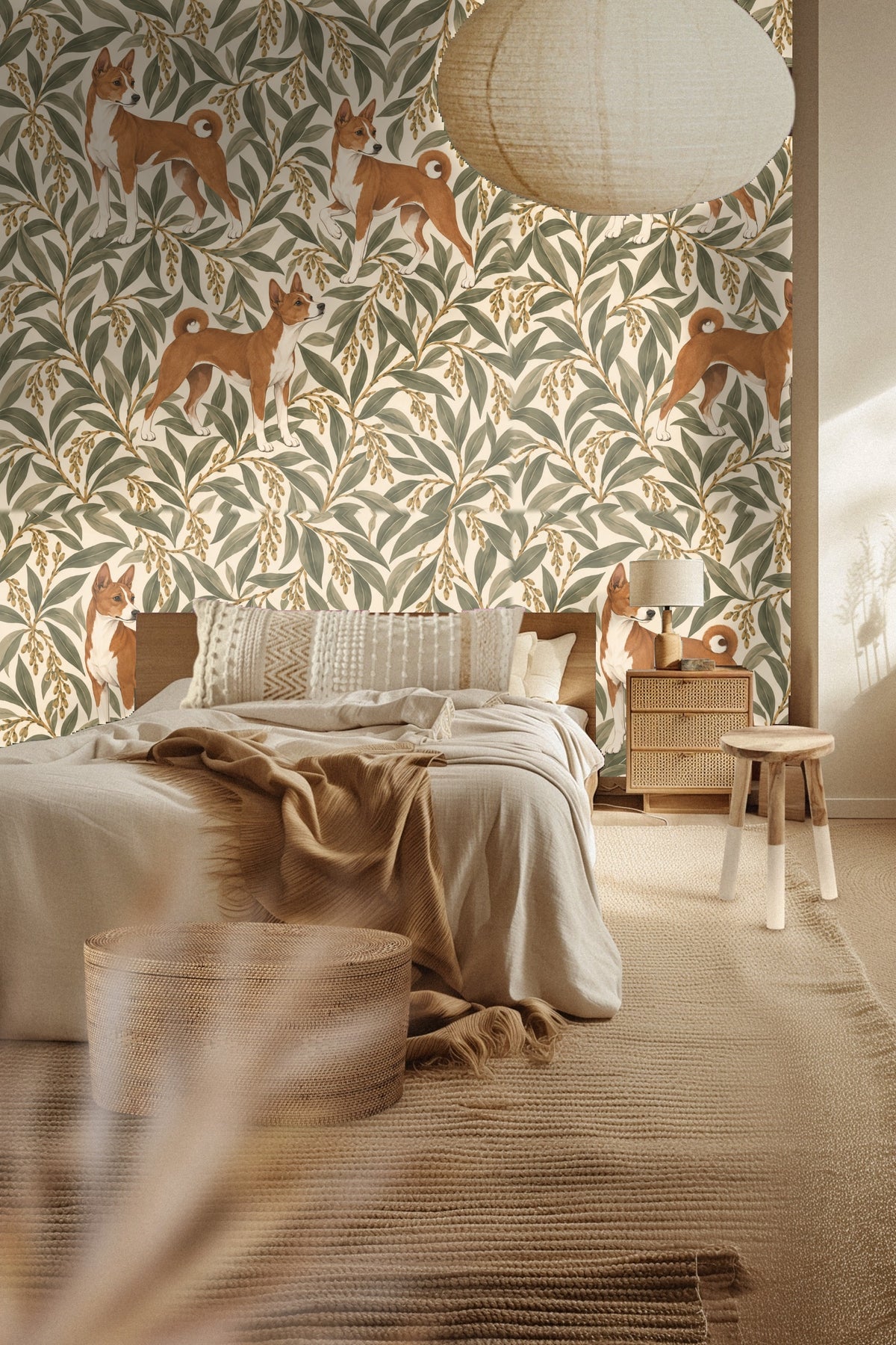 Detail of Basenji dog motif poised among green willow foliage and golden seed clusters