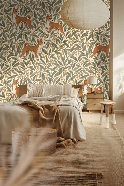 Detail of Basenji dog motif poised among green willow foliage and golden seed clusters