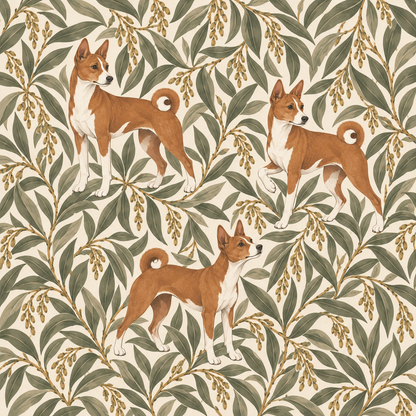Overall pattern showing dynamic Basenji poses integrating seamlessly with leafy willow branches