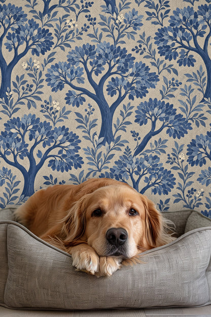 Detailed view of wallpaper featuring stylized blue trees and herringbone beige background