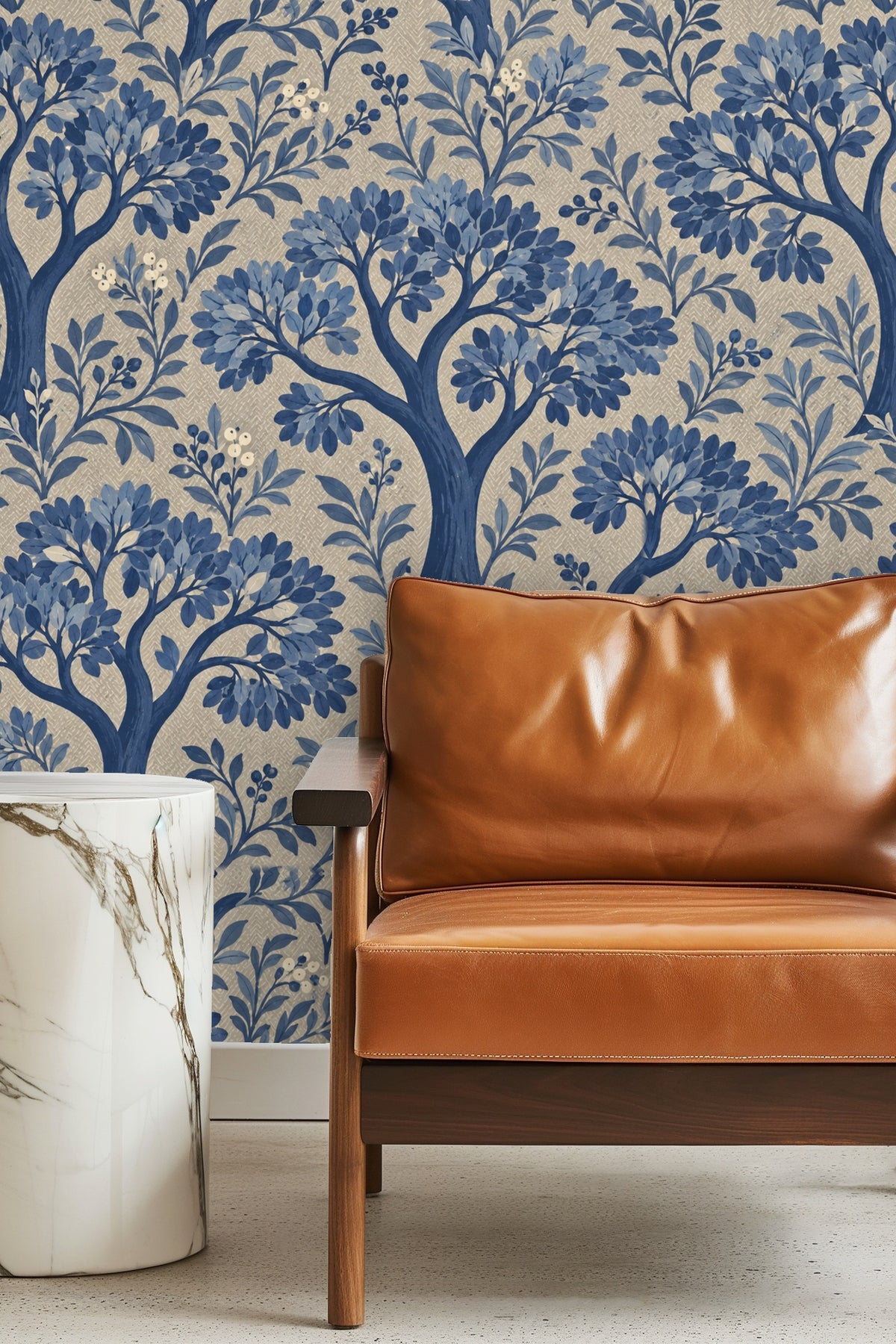 Pattern detail highlighting cream berries among blue foliage