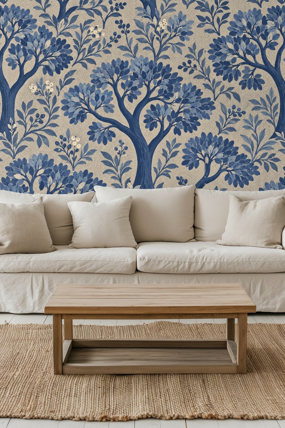 Golden retriever dog resting on a grey bed in front of wallpaper with blue tree motif