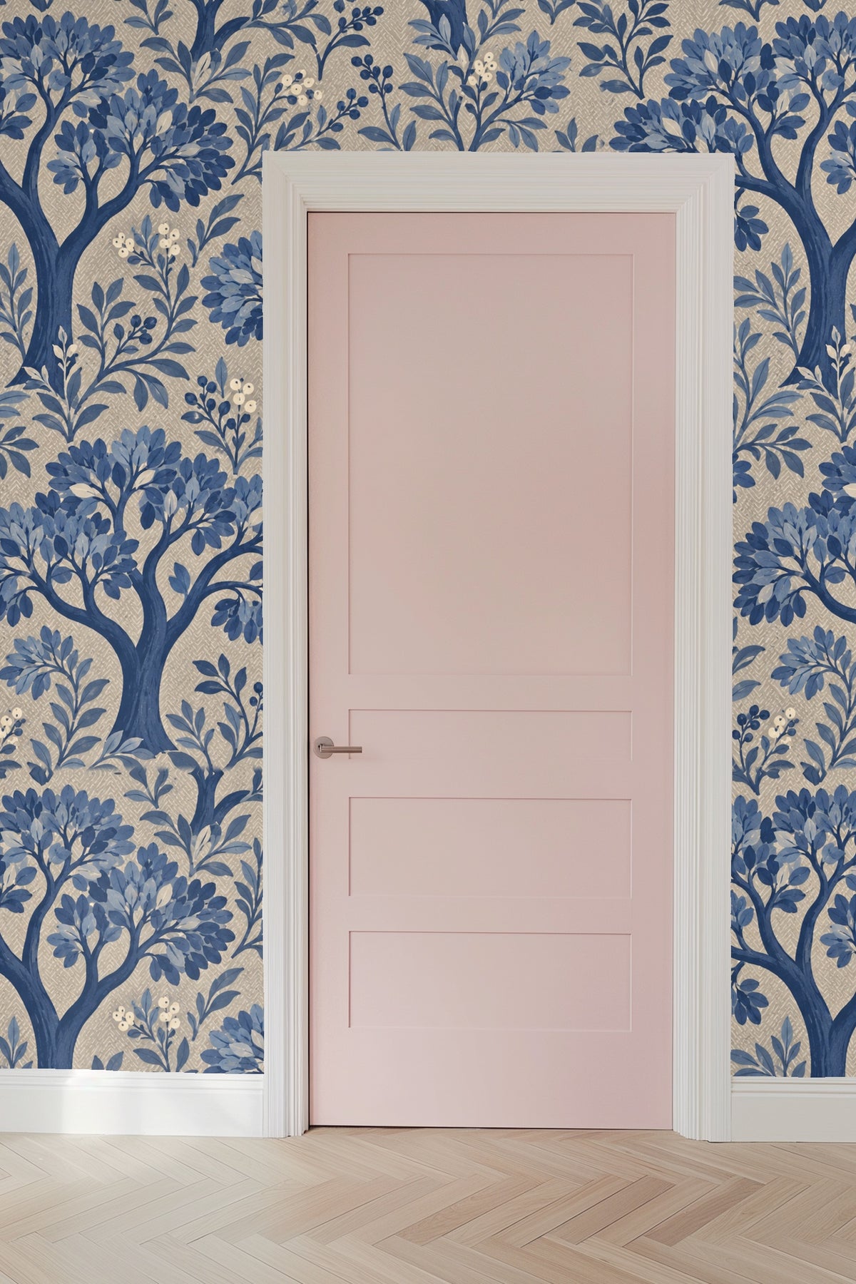 Natural texture appearance simulating fabric weave behind blue tree designs