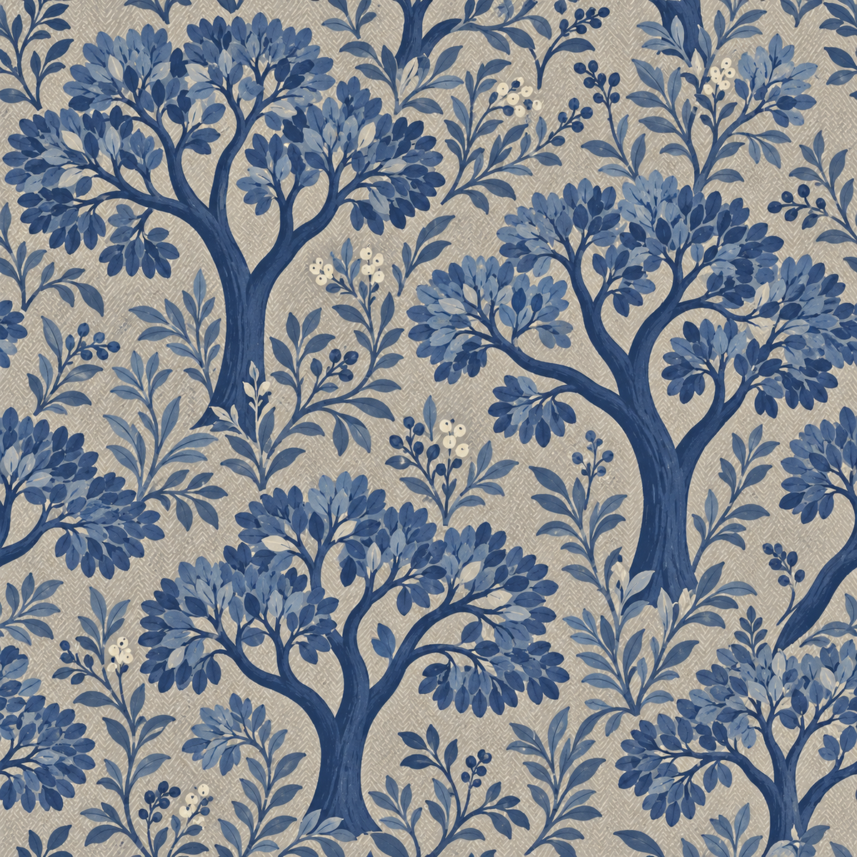 Repeated pattern showing diverse blue leaves and branches framing stylized tree shapes