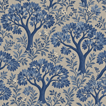 Repeated pattern showing diverse blue leaves and branches framing stylized tree shapes