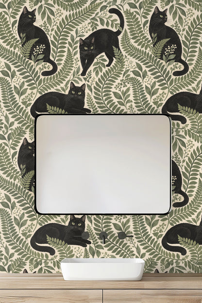 Midnight Fern Prowlers wallpaper shown in an interior setting