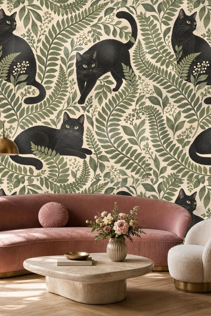 Bedroom featuring Fernstripe Noir Cats wallpaper behind a green bed frame with yellow and white bedding accents