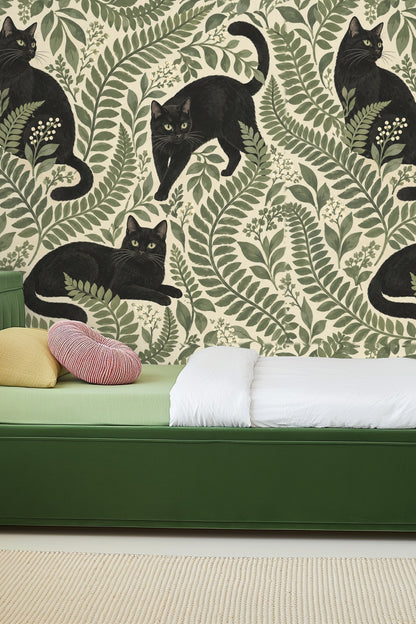 Detail of original wallpaper artwork showing black cats with green fern leaves and white floral accents