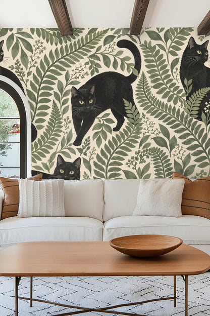 Midnight Fern Prowlers wallpaper shown in an interior setting