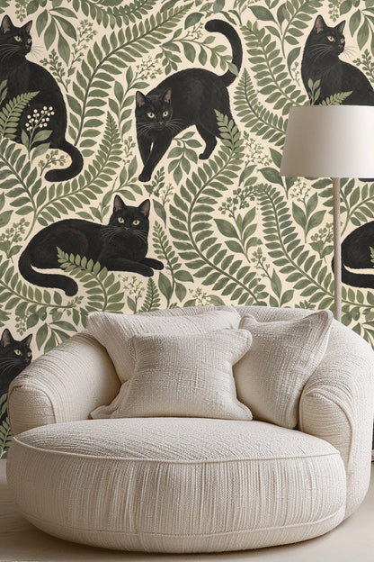 Midnight Fern Prowlers wallpaper shown in an interior setting