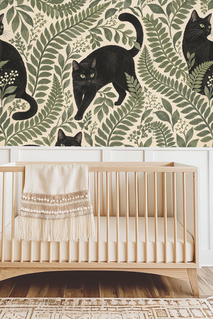 Midnight Fern Prowlers wallpaper shown in an interior setting