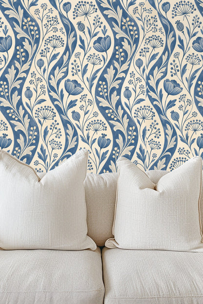 Seed pod and floral silhouettes with organic brush strokes in blue on wallpaper