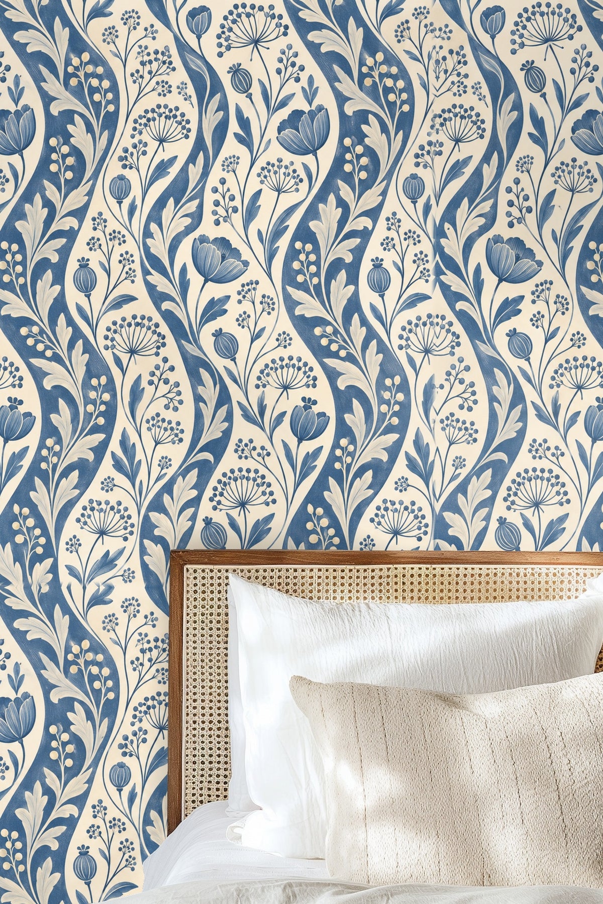 Living space featuring Ticking Seedwave wallpaper framed by wood door and soft furnishings