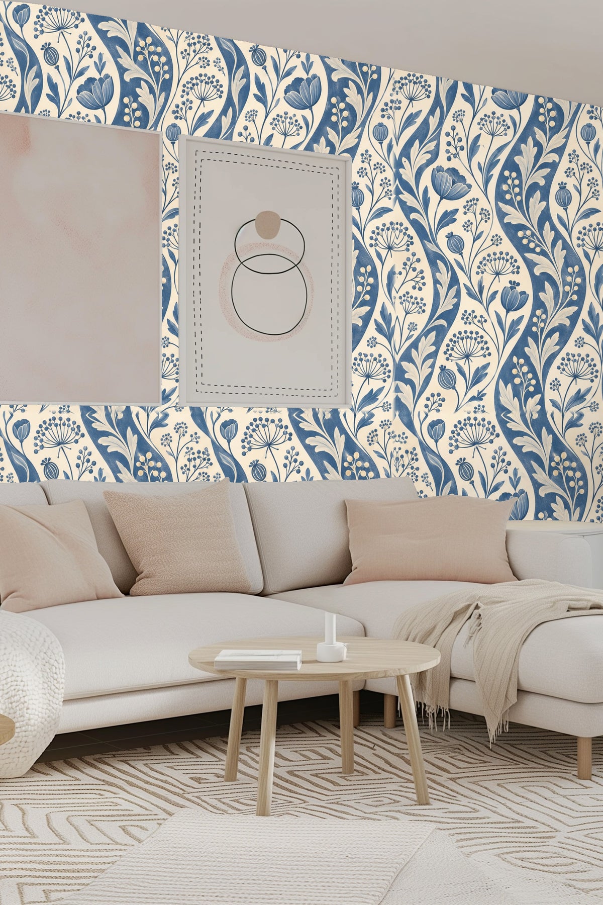 Soft crewel cushion placed against Ticking Seedwave wallpaper in a bedroom setting