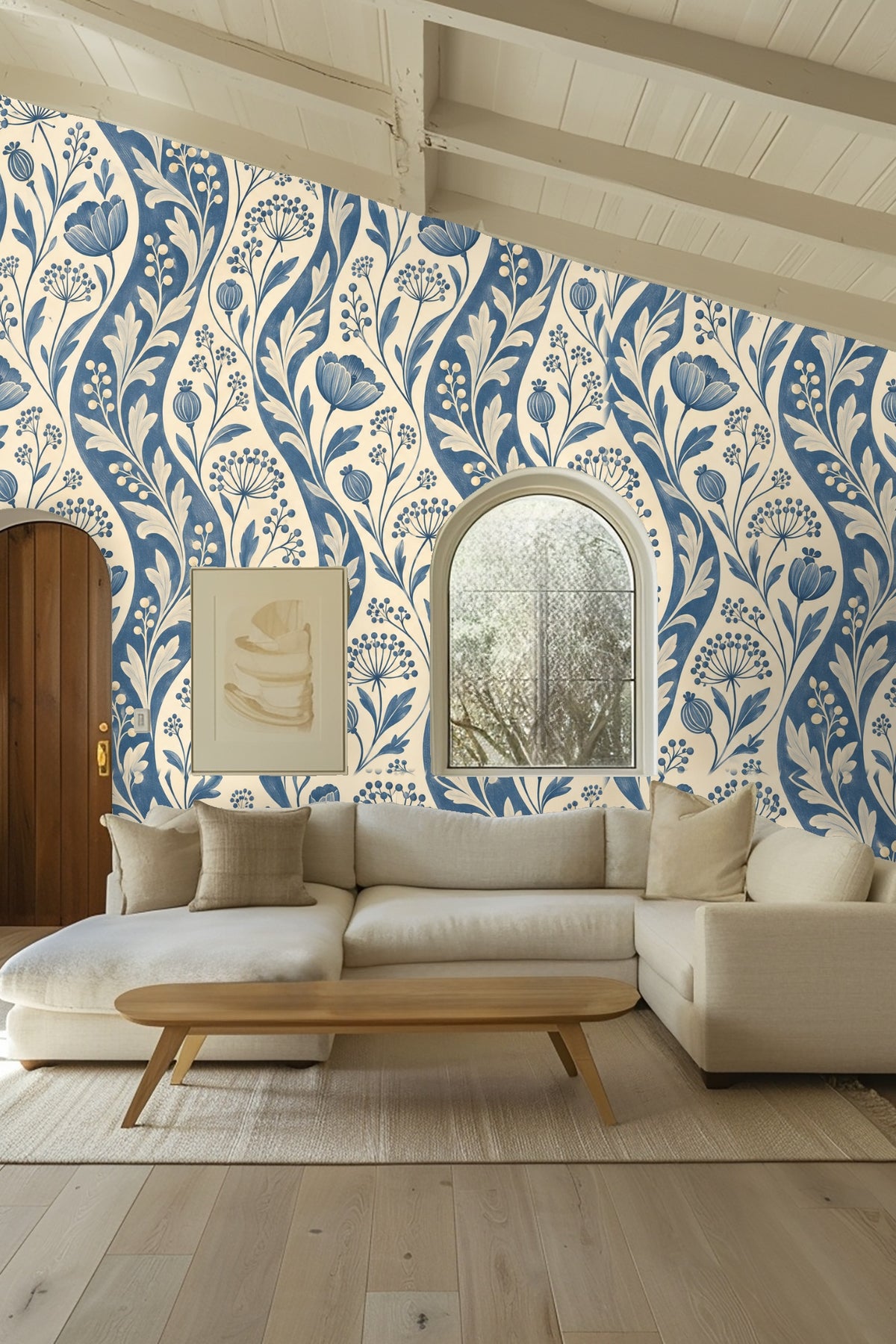 Bedroom wall with Ticking Seedwave wallpaper behind a natural rattan headboard
