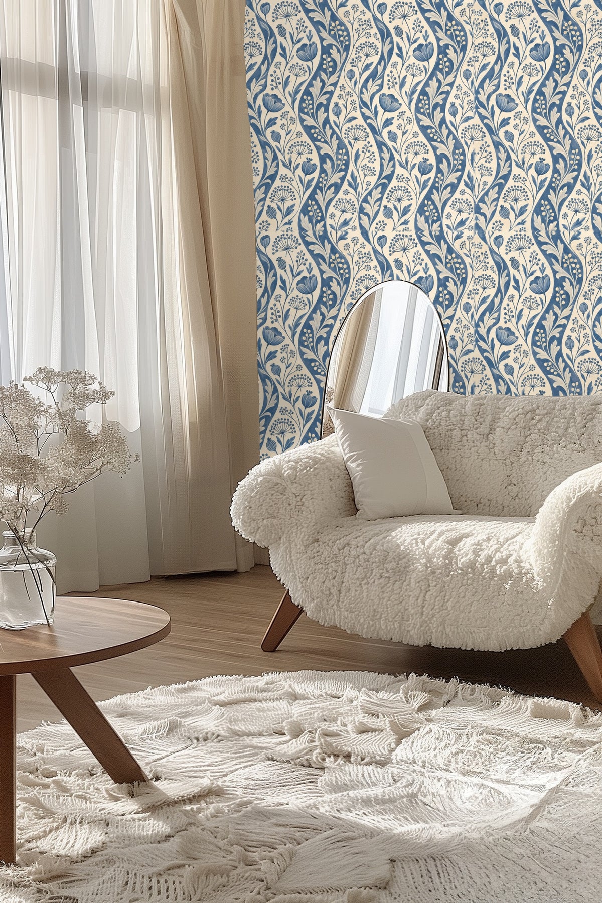 Arched window and artwork complementing Ticking Seedwave wallpaper in a bright room