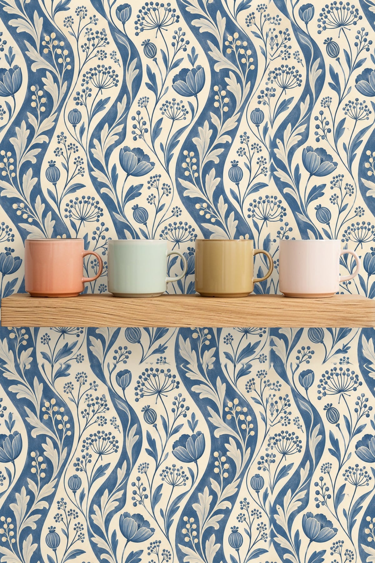 Vertical wavy blue stripes of botanical leaves and flowers on Ticking Seedwave wallpaper