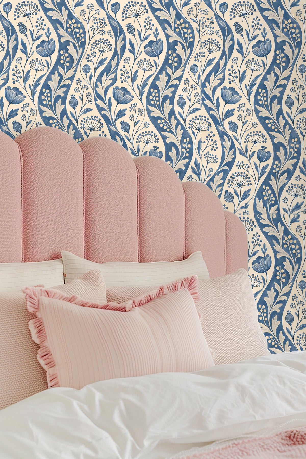 Pattern repeat showing painterly textures on Ticking Seedwave wallpaper