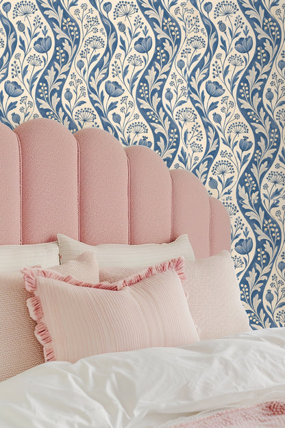 Pattern repeat showing painterly textures on Ticking Seedwave wallpaper