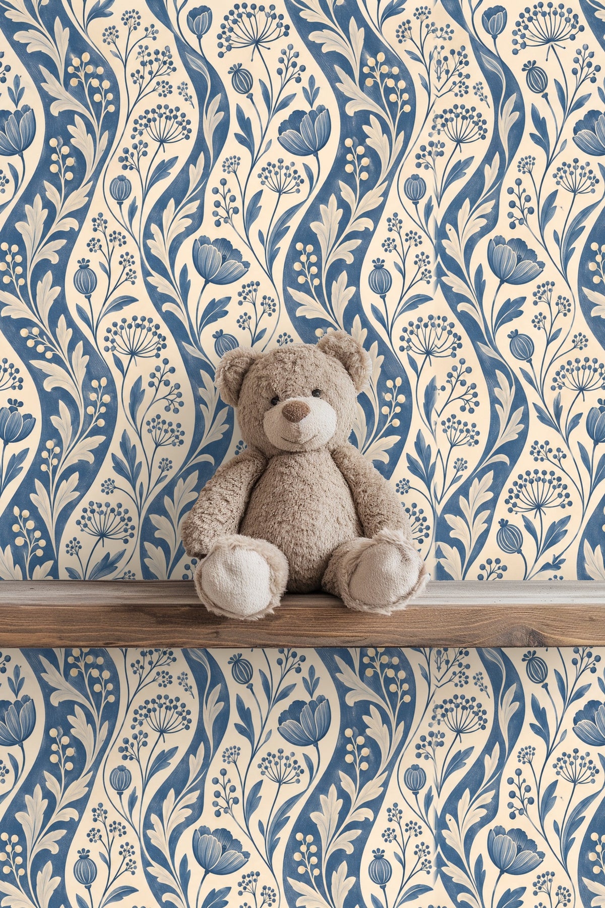 Detailed view of delicate botanical spray and berries on Ticking Seedwave wallpaper