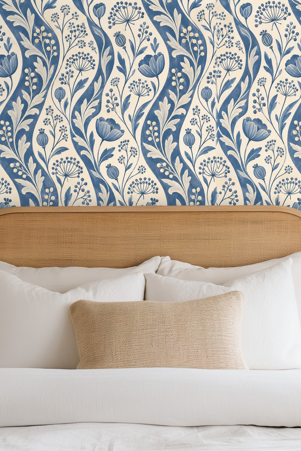 Original artwork of Ticking Seedwave wallpaper with wavy blue botanical stripes