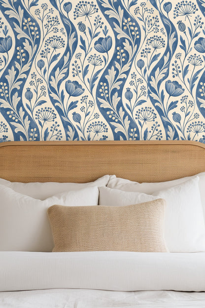 Original artwork of Ticking Seedwave wallpaper with wavy blue botanical stripes