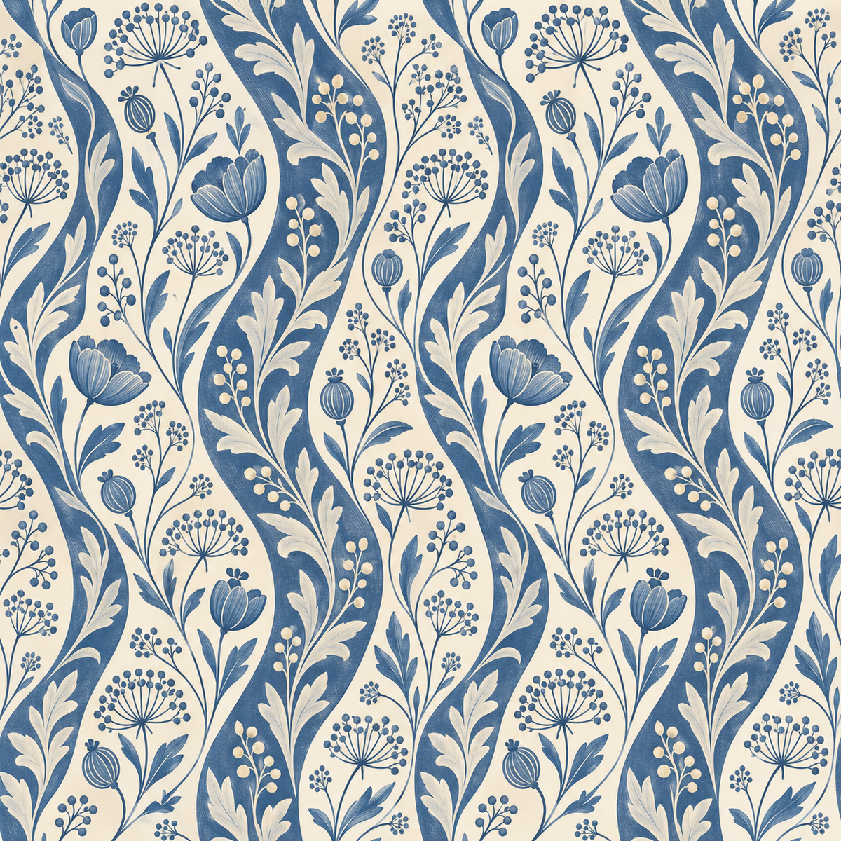 Hand-painted floral pattern with smooth flowing stripes on Ticking Seedwave wallpaper