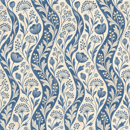 Hand-painted floral pattern with smooth flowing stripes on Ticking Seedwave wallpaper