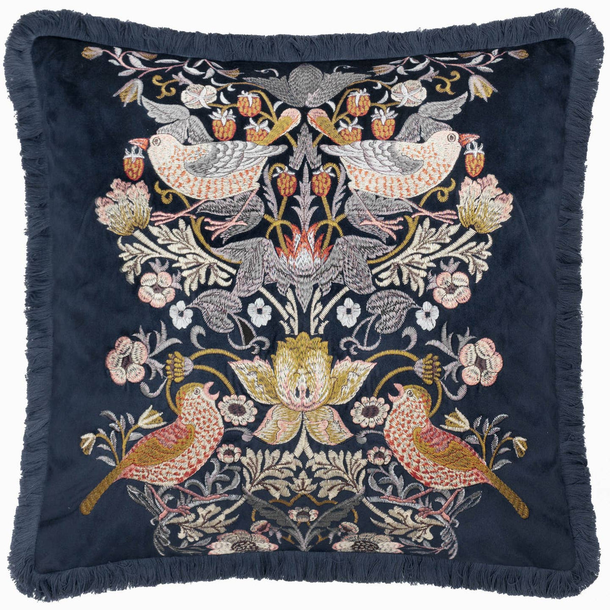 Strawberry Thief Embroidered Velvet Cushion Indigo by Riva Home — view 2