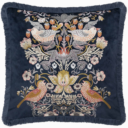 Strawberry Thief Embroidered Velvet Cushion Indigo by Riva Home — view 2
