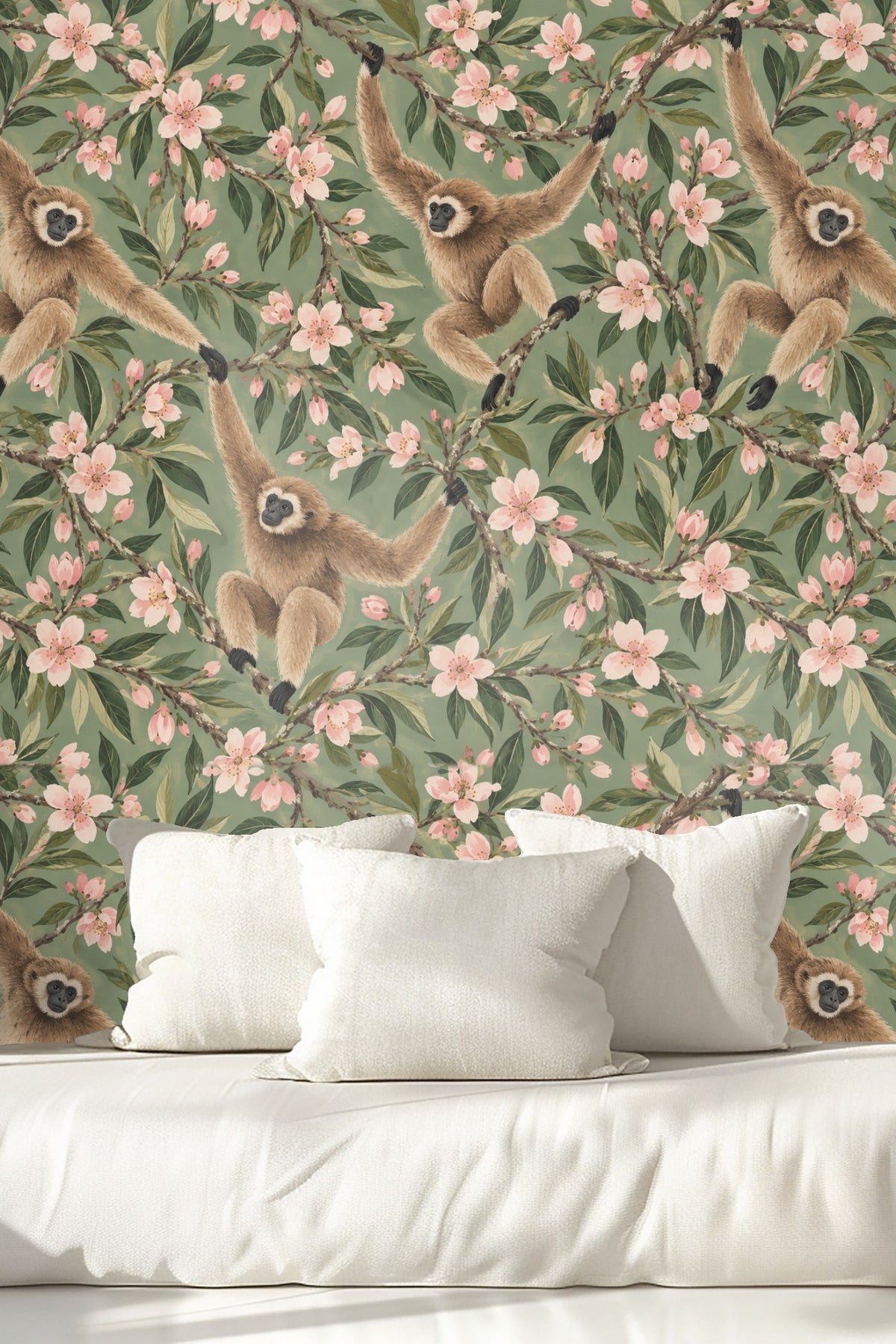 Living room archway with almond blossom gibbons wallpaper on the far wall enhancing the space
