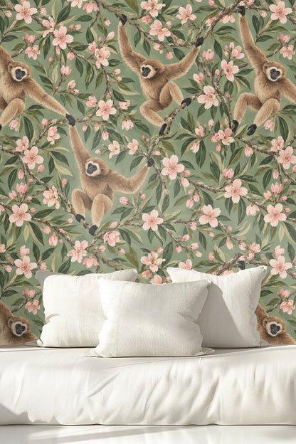 Living room archway with almond blossom gibbons wallpaper on the far wall enhancing the space