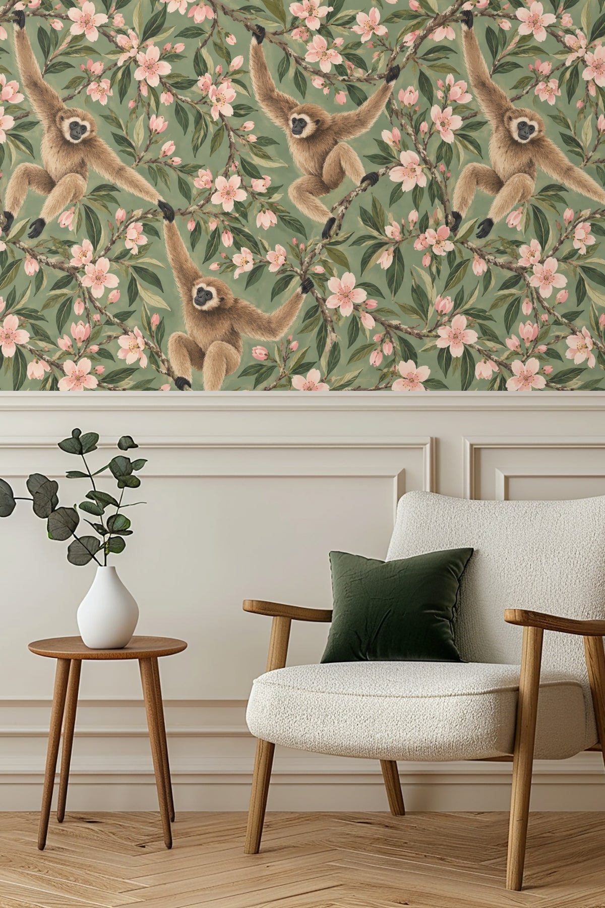 Appliance corner showing wallpaper patterning continuing behind furniture