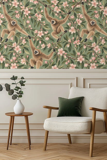 Appliance corner showing wallpaper patterning continuing behind furniture