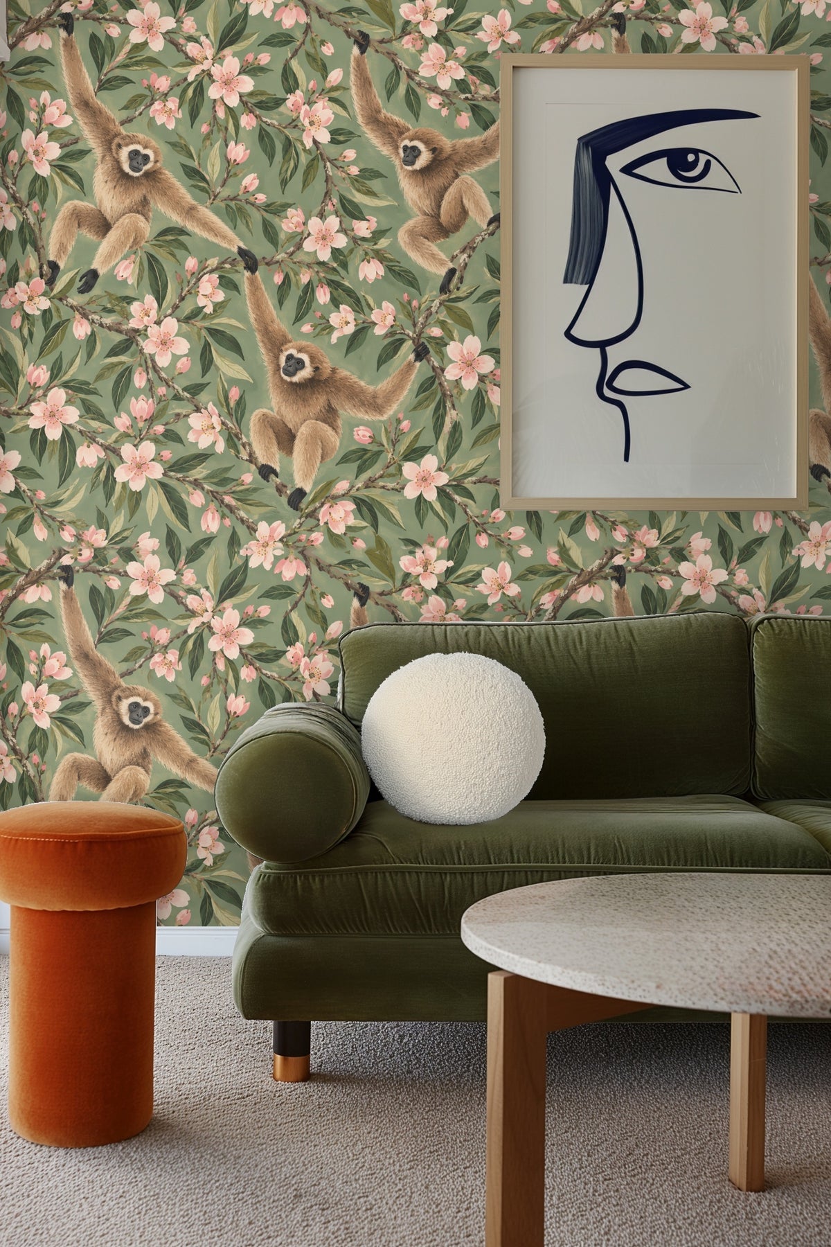 Room corner with wallpaper wrap showcasing seamless pattern flow and natural light